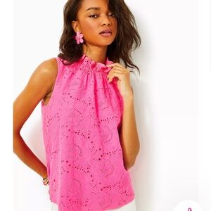 Lilly Pulitzer Hot Pink Eyelet Ruffleneck Top XS